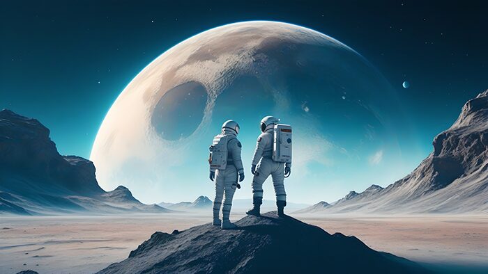 Two astronauts on a moon looking out at another moon