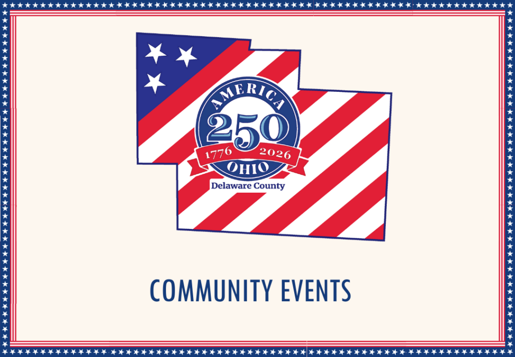 A outline of the Delaware County, Ohio, borders filled with the white stars on blue background, and red and white stripes. The America 250 Delaware County logo is in the middle. Text on the card states, "Community Events"