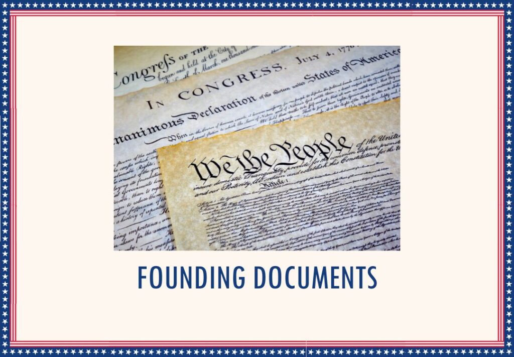 A picture of Constitution, Declarations of Independence and Bill of Rights. Text on the card states, "Founding Documents."