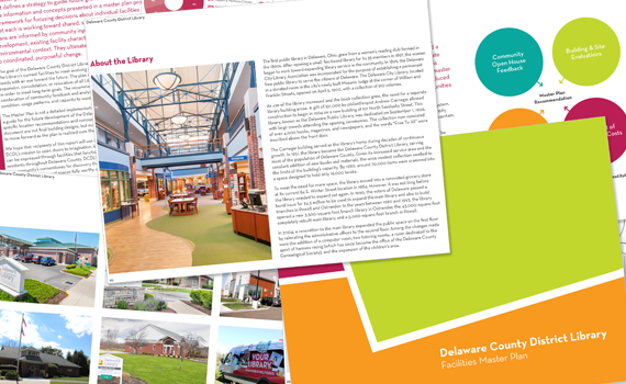 Facilities Master Plan graphic featuring some of the interior page from the report