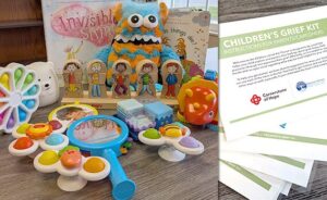 Children’s Grief Kits are made up of objects meant to help young children between the ages of 0 and 8 explore and express their feelings about grief.