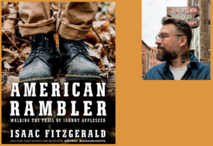 Isaac Fitzgerald's book "American Rambler" cover, and Isaac's headshot looking left toward his book.